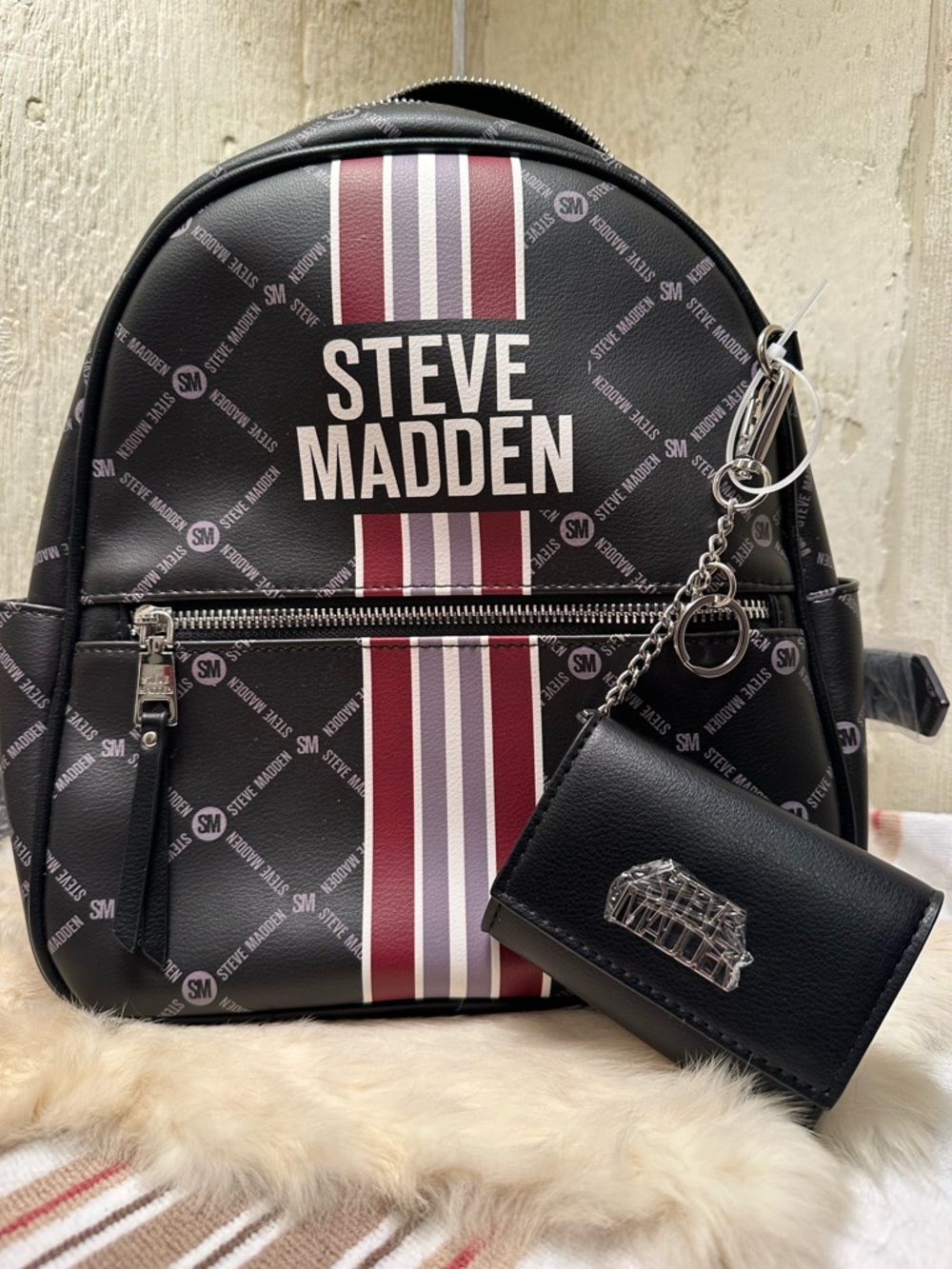 NWT Steve Madden Black Backpack with Red and White Stripes